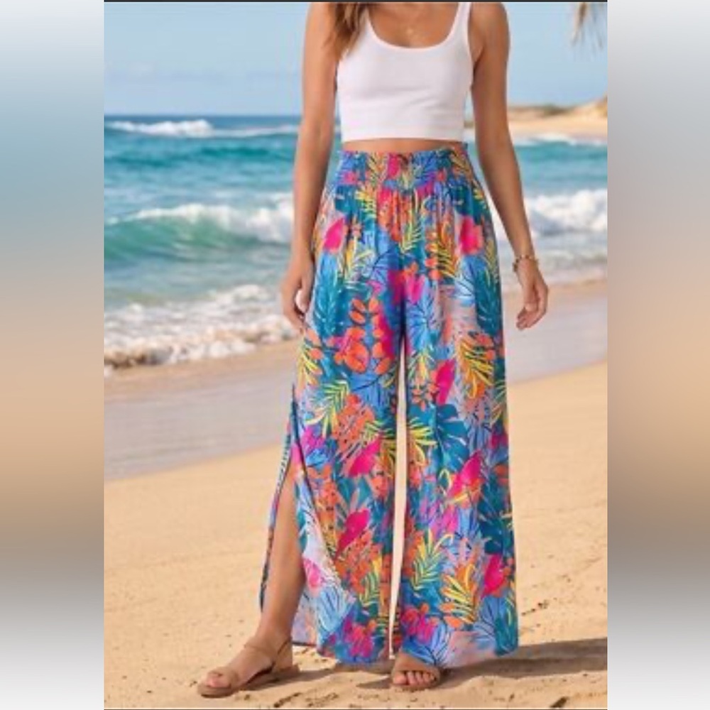 Kona Sol Floral Print Smocked Waist Wide Leg Side-Seam Slit Gauze Pants, size XL
